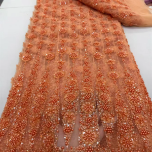 Wholesale 2025 High Quality Embroidery African Sequin Groom Lace Fabric French Tulle Beads Orange Lace Fabric Nigerian Wedding