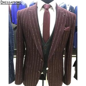 Burgundy Crystal Stripe Men Suits For Wedding Blue Crystal Groom Tuxedos 2 Pieces Jacket Pants Prom Blazers Customized