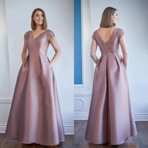 Floor Length A Line V Neck Capped Sleeve Lace Beading Satin Mother of the Bride Dresses For Weddings فساتين السهرة  Customized