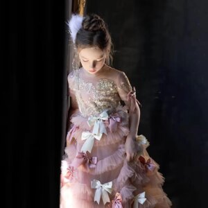 Jill Wish Luxury Pink A-Line Beading Girl Dress with Bow Princess Kids Long Wedding Birthday Pageant Party Evening Gown J084