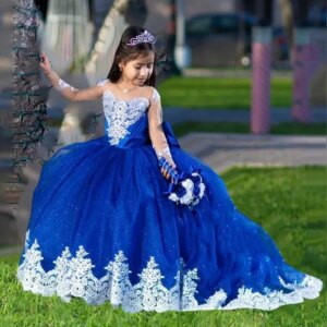 Royal Blue A Line Flower Girls Dresses White Lace Appliques Kids Birthday Party Dress Glittler Tulle Child Prom Gown Long Sleeve