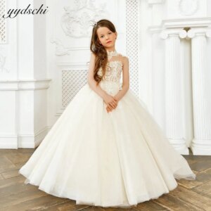 Customized Elegant High Neck Flower Girl Dress For Wedding 2025 Princess Illusion Appliques Birthday Party First Communion Gowns