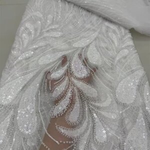 Luxury African Fabrics High Quality White Lace 5yards Handmade Beads, Sequin Fabric Embroidered Dubai 2025 Wedding Dress A1051-1