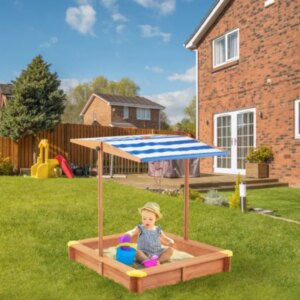 Kids Sandbox with Cover, 46″ Wooden Sand Box w/Adjustable Canopy, Large Outdoor Cedar Sandpit for Backyard Play