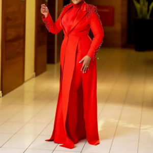 Pearls Beading V Neck Jacket Prom Birthday Party Evening Guest Plus Size Red Long Blazer Dress Formal Wear Custom Made