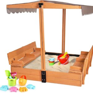 Kids Sand Boxes with Canopy Sandboxes with Covers Foldable Bench Seats, Children Outdoor Wooden Playset – Upgrade Retractable Ro