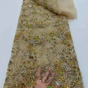 5 Yards Plastic Rhinestones Beaded Lace Fabrics African Fabric Lace High Quality 2025 Gold Sequins Beads Lace For Sewing KB4739