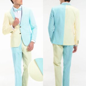 Seersucker Stripes Summer Men Suits Contrasting Colors Groom Wear Party Prom Jacket Wedding Tuxedos 2 Pieces Pants Sets