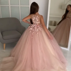 Customized  Pale Pink Flower Girl Dresses Princess Prom Dresses Lace Applique Wedding Birthday Party Dresses