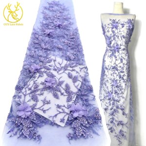 Purple Violet 3D Flower African Sequins Beaded Mesh Embroidered Lace 2025 New Design French Wedding Dress Sewing Fabric 5 Yards