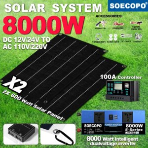 SOECOPO 8000W Camping Home Solar Power Set 2×600W Portable Panels 2 sockets Inverter(DC 12V/24V To AC 110V/220V) 100A Controller