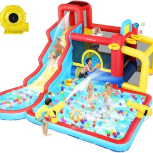 Water Slide Bounce House with Blower, Kids Inflatable Water Slide Park Indoor Outdoor Fun Wet Dry Combo Bouncy House Castle w/Sp