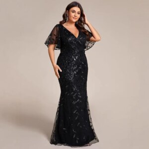 Elegant Sparkle&Shine Mermaid Wedding Guest Dress V Neck Floor Length Tulle Sequin Short Sleeve Formal Gown 2025 Free Customized