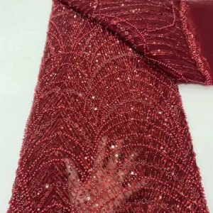 Afrcian White Lace Bead Fabric Sequin Nigerian Tulle Embroidered Lace High Quality For Sewing Women Evening Party Dress W592-1