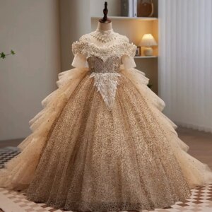 High Quality Champagne Princess Special Occasion Flower Girl Dress Wedding Pary Prom Perform Birthday Baby Child Kid Ball Gown