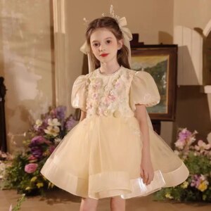 Jill Wish ElegantChampagne 3D Flowers Girl Dress Beaded A-Line Princess Kids Wedding Birthday Performance Party Prom Gown J504