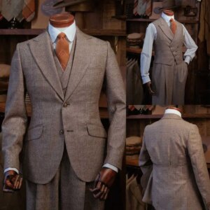 Brown Men’s Suit Slim Fit 3-piece Jacket Pants Vest Single Breasted Plaid Stripes Wedding Grooms Costume Customized