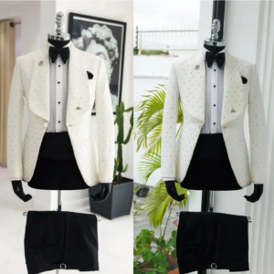 Men’s Suits 2 Pieces Tuxedo White Blazer Black Pants One Button Wide Lapel Business Beads Formal Wear Wedding Groom Costume