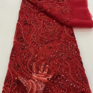 Luxury Hand Beaded Lace Fabric Bridal Fabric High-end Wedding Fabrics French Nigerian Sequins Beads Embroidered For Dress