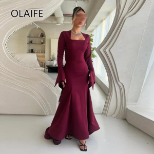 Square Collar Chiffon Sheath Formal Evening Party Dres with Long Sleeve Floor-Length Sheath Court Evening Gown Customized
