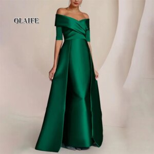 Elegant Off Shoulder Mother Of The Bride Dress Floor Length Half Sleeves Satin Formal Dresses Vestidos Mae Da Noiva Casamentos
