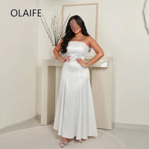 Saudi Arab Boat Collar Satin Evening Party Dres with Beaded Pearls Anle-Length A-line Evening Bridesmaid Gown Customized