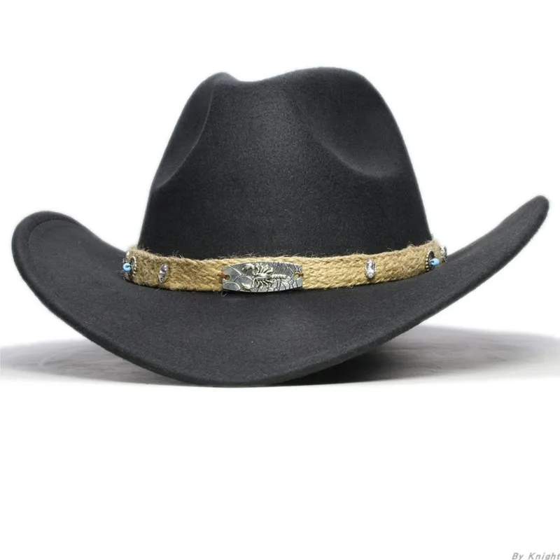 Men's and women's woolen vintage cowboy hat with large brim wide adjustable sunshade top