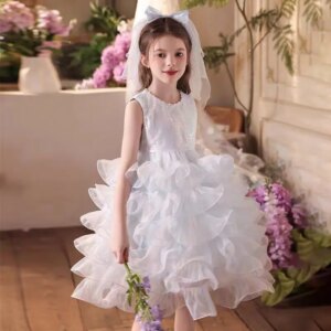 Jill Wish Elegant Shiny White Flower Girl Dress Tiered Puffy Princess Children Wedding 1st Birthday Pageant Party Ball Gown J430