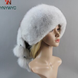 Luxury Women’s Dome Mongolian Hat Natural Raccoon Fur Caps Russian Ushanka Aviator Trapper Real Fox Fur Bomber Hat Fox Fur Hats