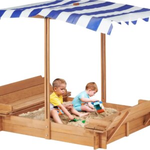Kids Sandbox with Adjustable Cover and Foldable Bench Seats, 46”x46” Outdoor Wooden Sandpit for Backyard Play