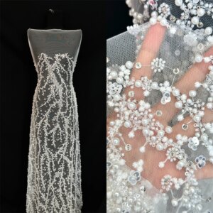 Heavy White Color Bridal Tulle Lace Handmade Luxury Bead Tube Embroidery African French Lace Fabric Nigerian Wedding