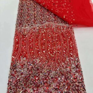 Red Beaded Lace Fabrics African Lace Fabric 2024 High Quality Green Sequin Lace Fabric Purple For Women’s Evening Dress KB4109