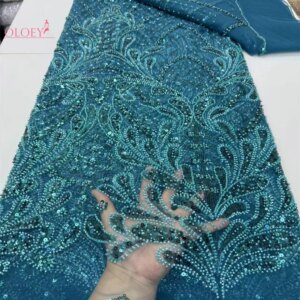 Latest Hot Sale Fashion Africa Lace Fabric High Quality Handmade Embroidery Lace With Beads Sequins Party For Wedding Dress