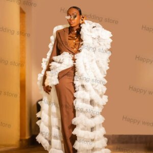 Luxury Cape Women Suits Set 2 Piece Blazer+Pants With Long Wrap Ruffles Tulle Formal Office Jacket Custom Made Cotton Coat