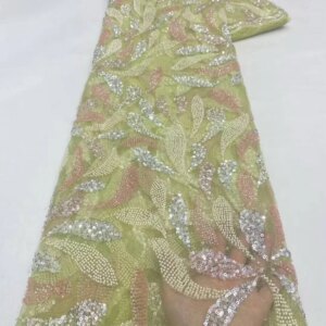 2025 Latest Beaded Lace African Lace Fabric 5 Yards High Quality 2025 Beaded Lace Fabric Sequin For Party Evening Dresses KB4944