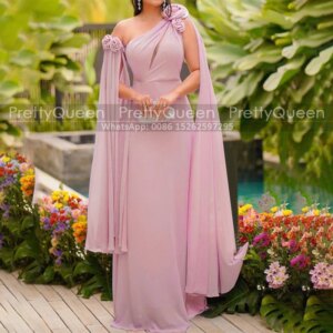 Customized A Line Mother of the Bride Dresses With Flowers One Shoulder Cap Long Chiffon Prom Dress Party For Women