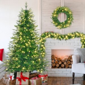 6FT PreLit Aspen Fir Artificial Christmas Tree with Wreath Garland Grass Green Xmas Tree with 380 MultiColor LED Lights 11 Ligh