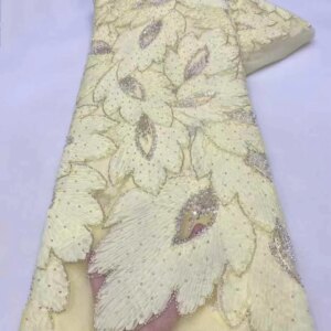 5 Yards 3D Floral Lace Fabric 2025 Luxury African Luxury Fabrics Sky Blue Beaded Lace Fabrics Sequins Net For Sewing KB4666