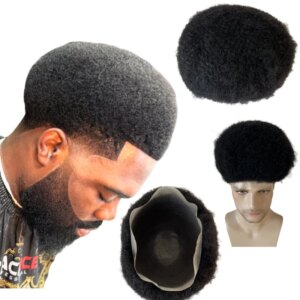 Indian Virgin Human Hair Systems 4mm Root Afro 1# Jet Black Color Customized 12×14 Whole head Full PU Wig for Black Men