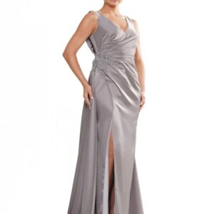 Customized A-line Dress With Pleated Neckline And Beaded Waist Deep V-neck Evening Gown With Beaded Pleats And high slit
