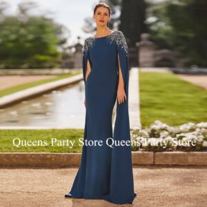 Charming Mother of The Bride Dress Luxury Beading Crystals Scoop Neck Long Sleeves Mermaid Evening Dresses Wedding Guest Gown