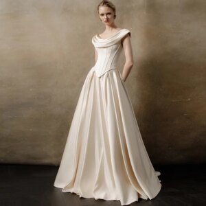 Modern Hall Wedding Dresses Satin A-line Wedding Party Dress Champagne O-Neck Pleat Ruched Lace-up 2025 Bride Gowns for Women