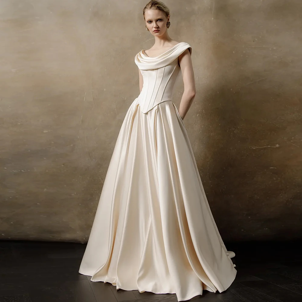 Modern Hall Wedding Dresses Satin A-line Wedding Party Dress Champagne O-Neck Pleat Ruched Lace-up 2025 Bride Gowns for Women