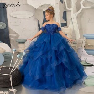 Customized Elegant Royal Blue Flower Girl Dresses For Wedding 2025 Princess Tulle Ruffle Beaded Ball Gown First Communion Gown