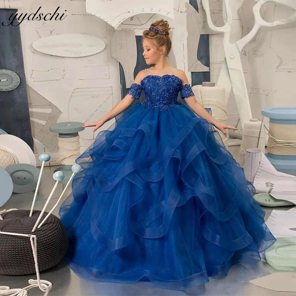 Customized Elegant Royal Blue Flower Girl Dresses For Wedding 2025 Princess Tulle Ruffle Beaded Ball Gown First Communion Gown