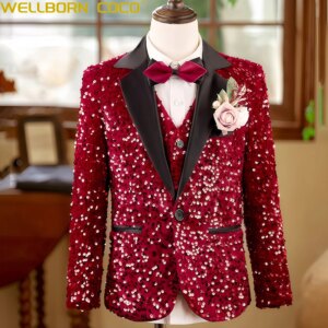 Fashion Shows Boys’ Suit Set Red Sequin Suit Children’s Mid To High School Shining Suit Beauty Pageant Dress Performance Costume