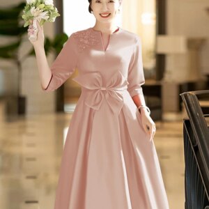 Pink Satin Mother Of The Bride Dresses With Sleeves Elegant V-Neck A-Line Tea-Length Women Midi Dresses For Wedding Party