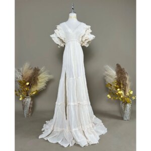 Don&Judy Maternity Formal Wear Beige V – neck and High – slits on the Sides Sexy Dress Maternity Photography Clothing Wedding