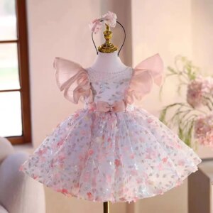 Jill Wish Sparkly Pink Flower Girl Dress Puffy Sleeve Beaded Princess Kids Wedding 1st Birthday Hoilday Party Ball Gown J473