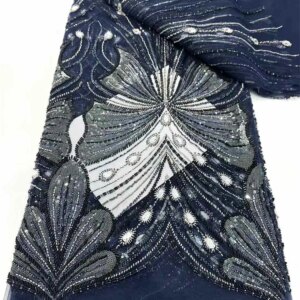 New Design Handmade Embroidery Net Lace Hot Sale Pattern Sequins Bead African French Tulle Lace Fabric For Evening Party